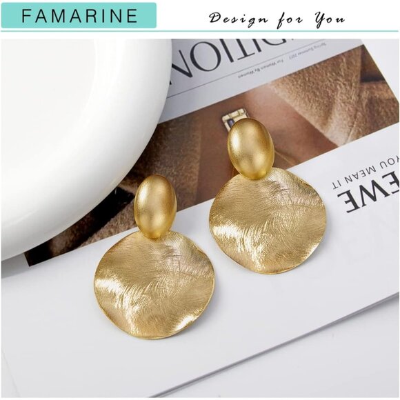 🆕Women Gold Big Disc Drop Earrings Gold Dangle Earrings Round Hammered Earrings - Picture 4 of 6